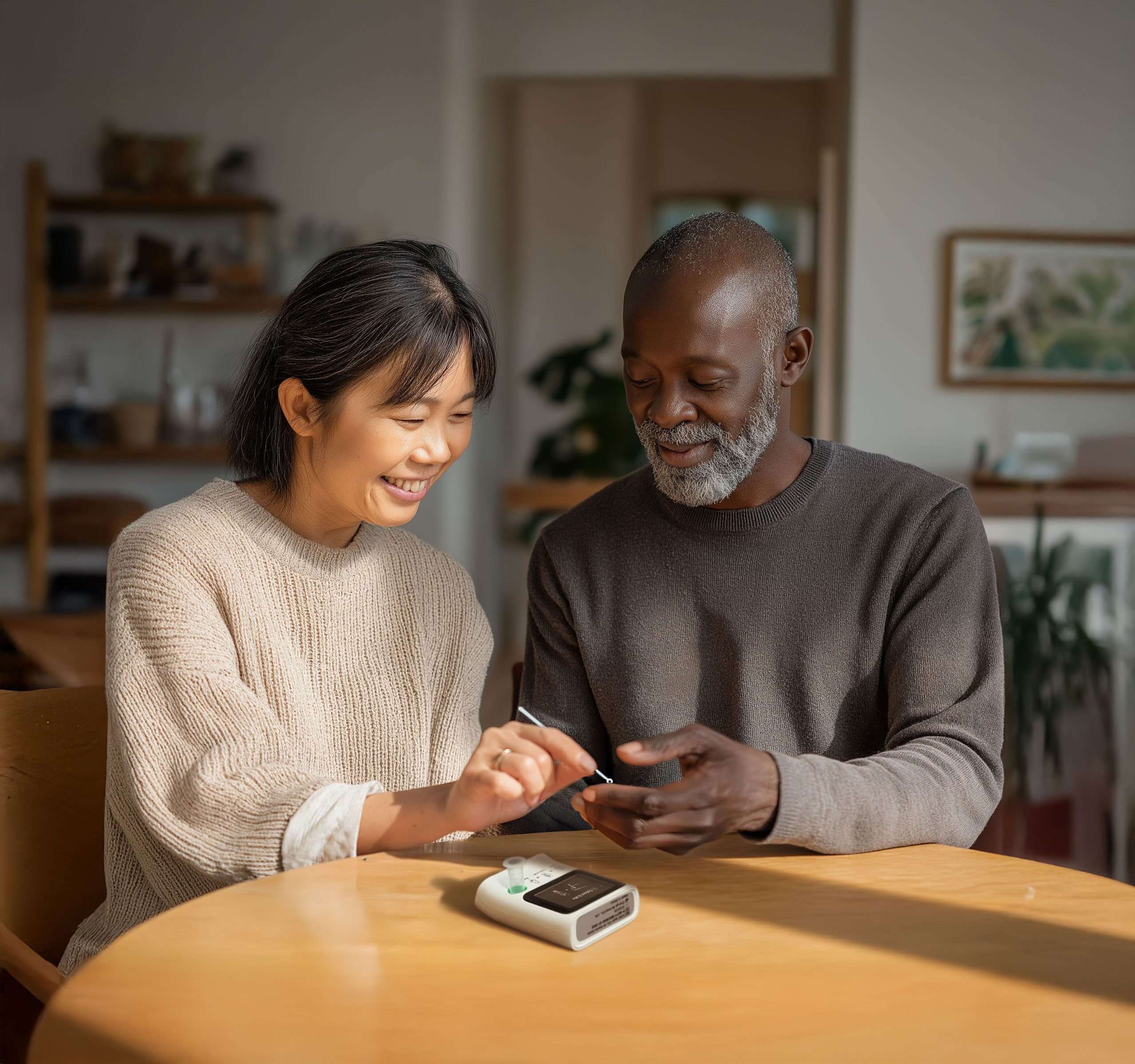 Caregiver assisting an elderly patient with an at home A1C test in the living room