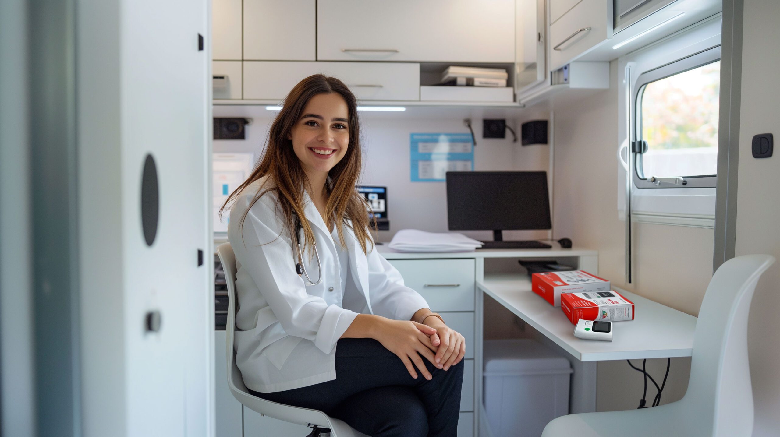 Female healthcare provider seated in a mobile health clinic preparing for a point-of-care A1C test